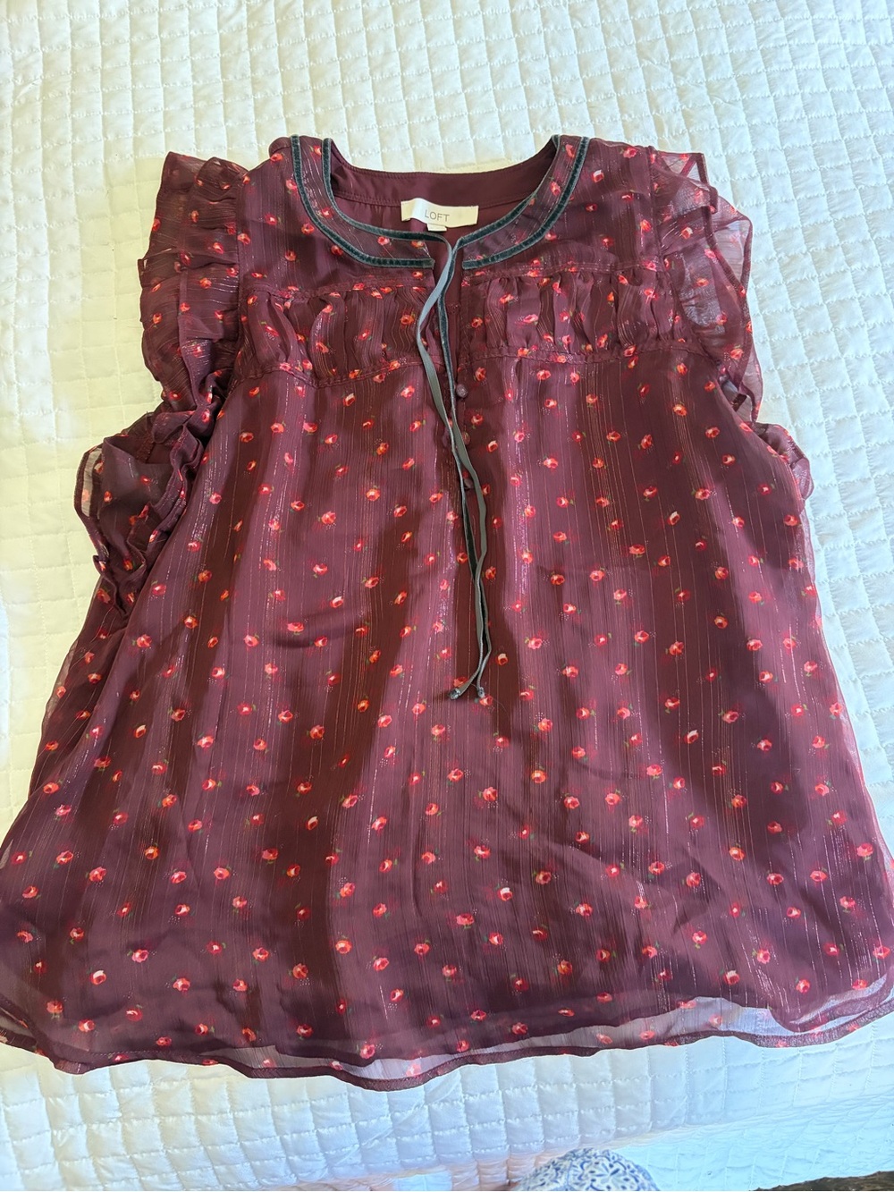 LOFT Burgundy Sheer Floral-Print Ruffle Tie-Front Blouse